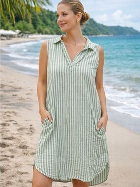 beachlunchlounge Green and White Striped Sleeveless V-Neck Cover-Up